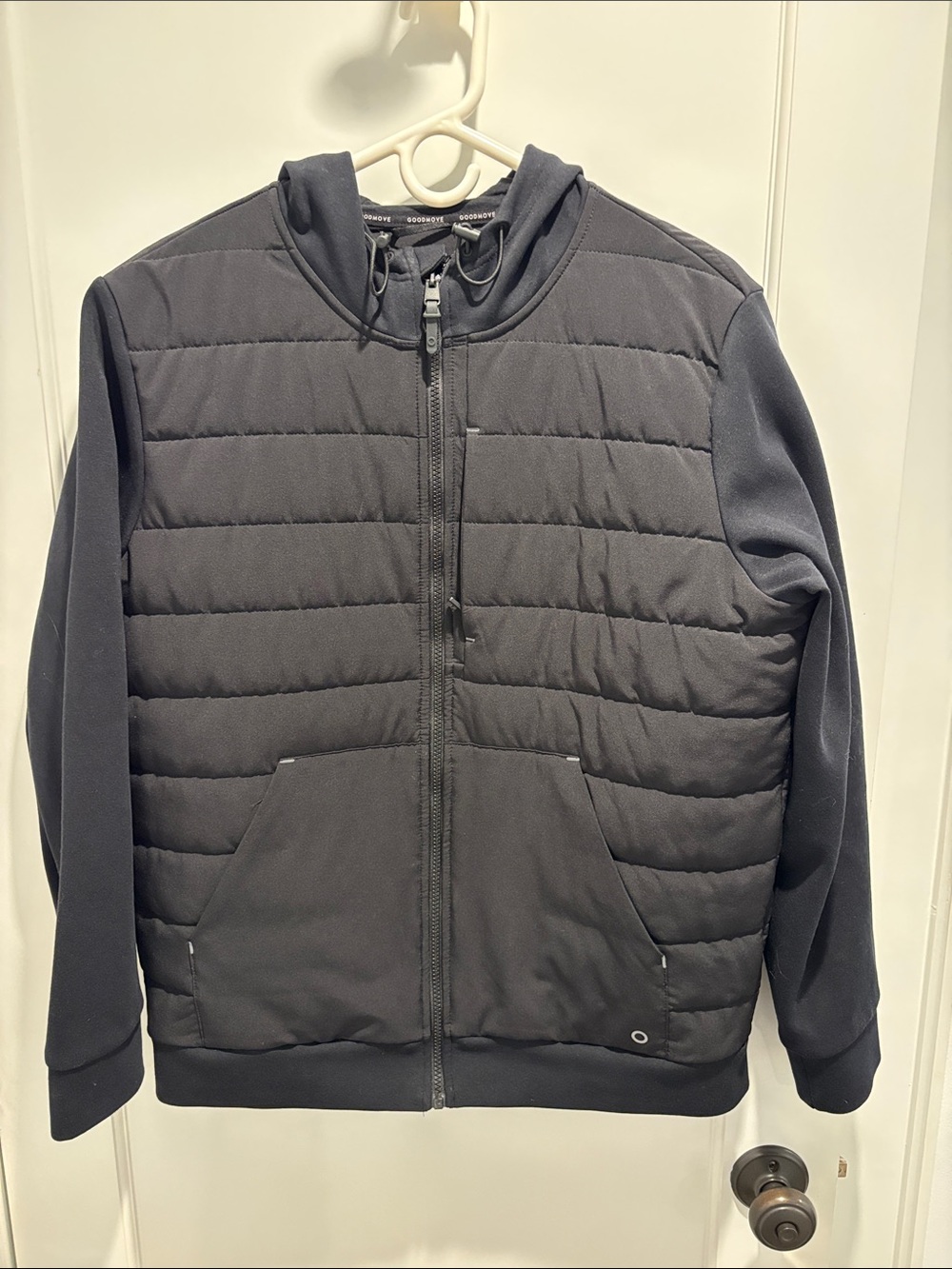 Men's Black Quilted Hooded Puffer Jacket with Knit Sleeves